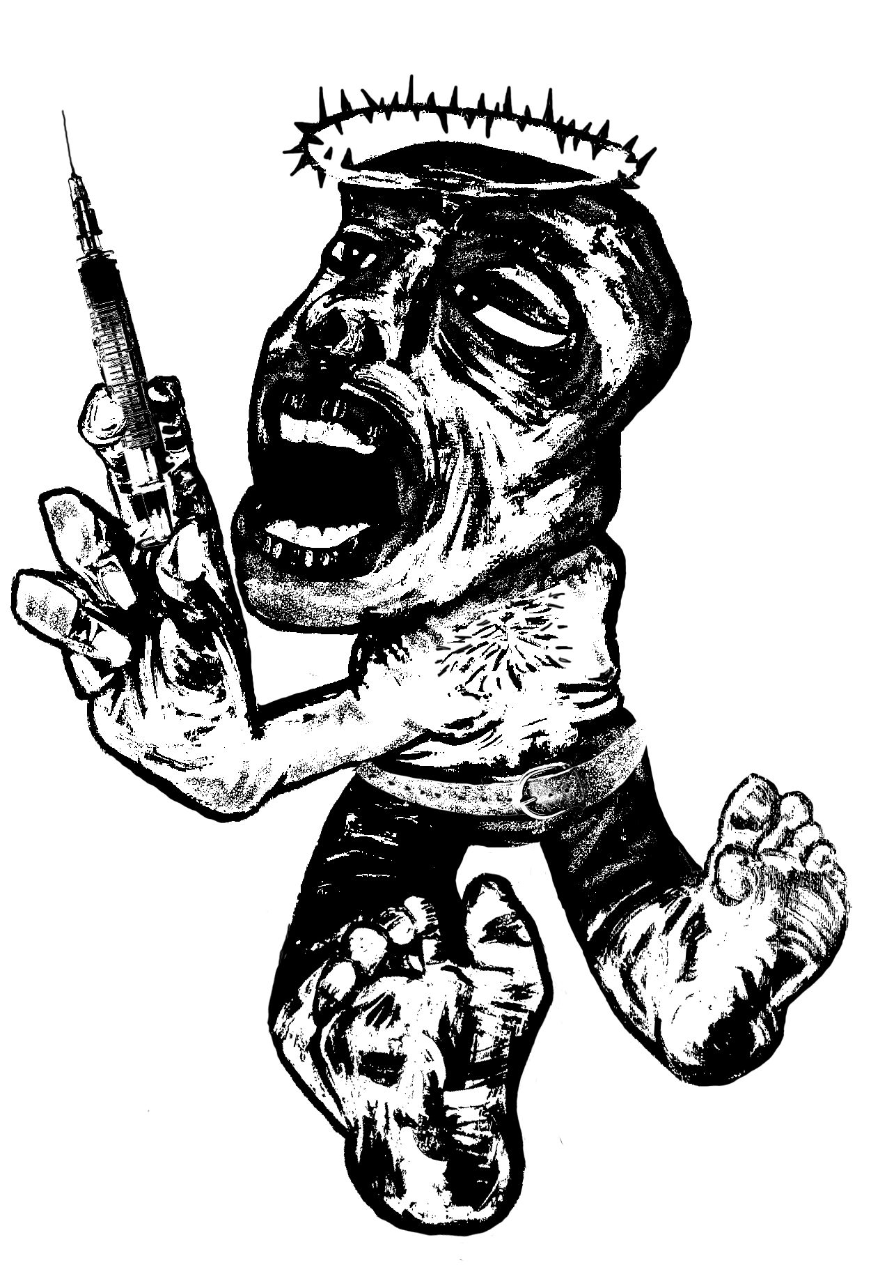 Digitised painting of a saint-like figure holding a syringe