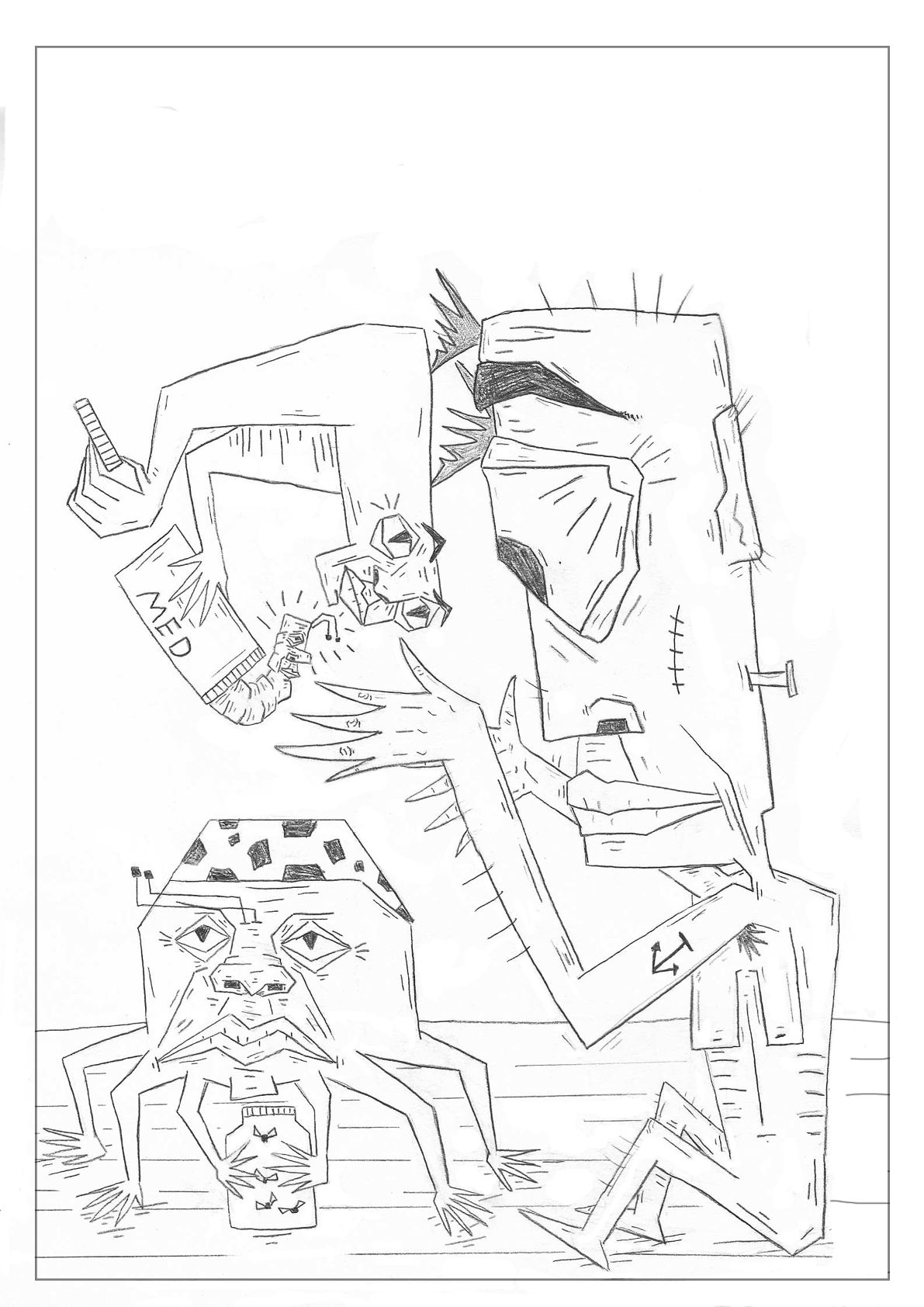 Pencil sketch composition featuring abstract figures