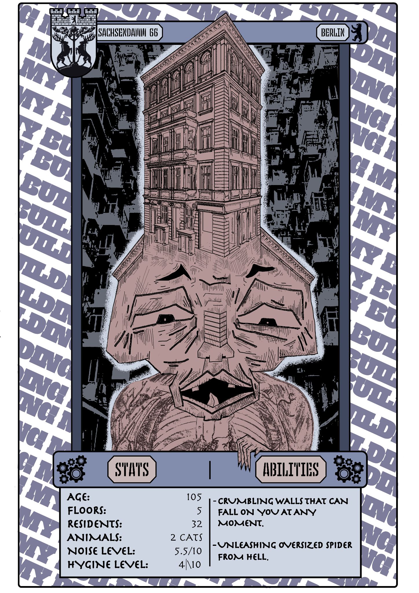 Trading-card style infographic depicting an apartment building as a face, with stats and abilities