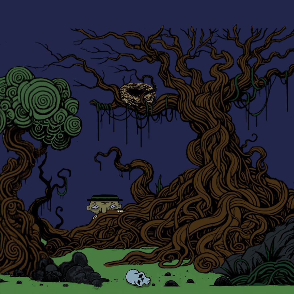 Environment illustration of a dark forest with twisting roots, a nest, and a small figure
