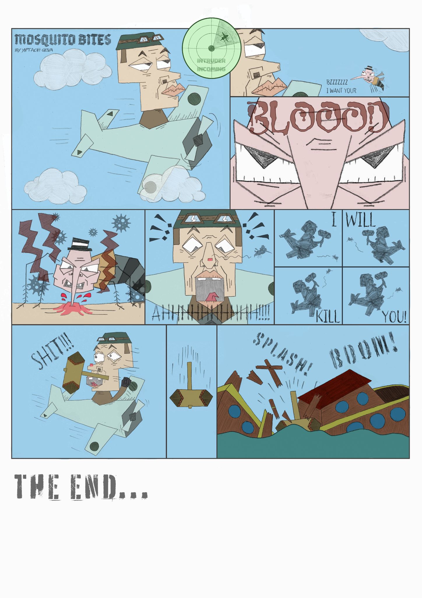 Comic strip Mosquito Bites, about a pilot attacked by a giant mosquito who sinks a cruise ship with a hammer