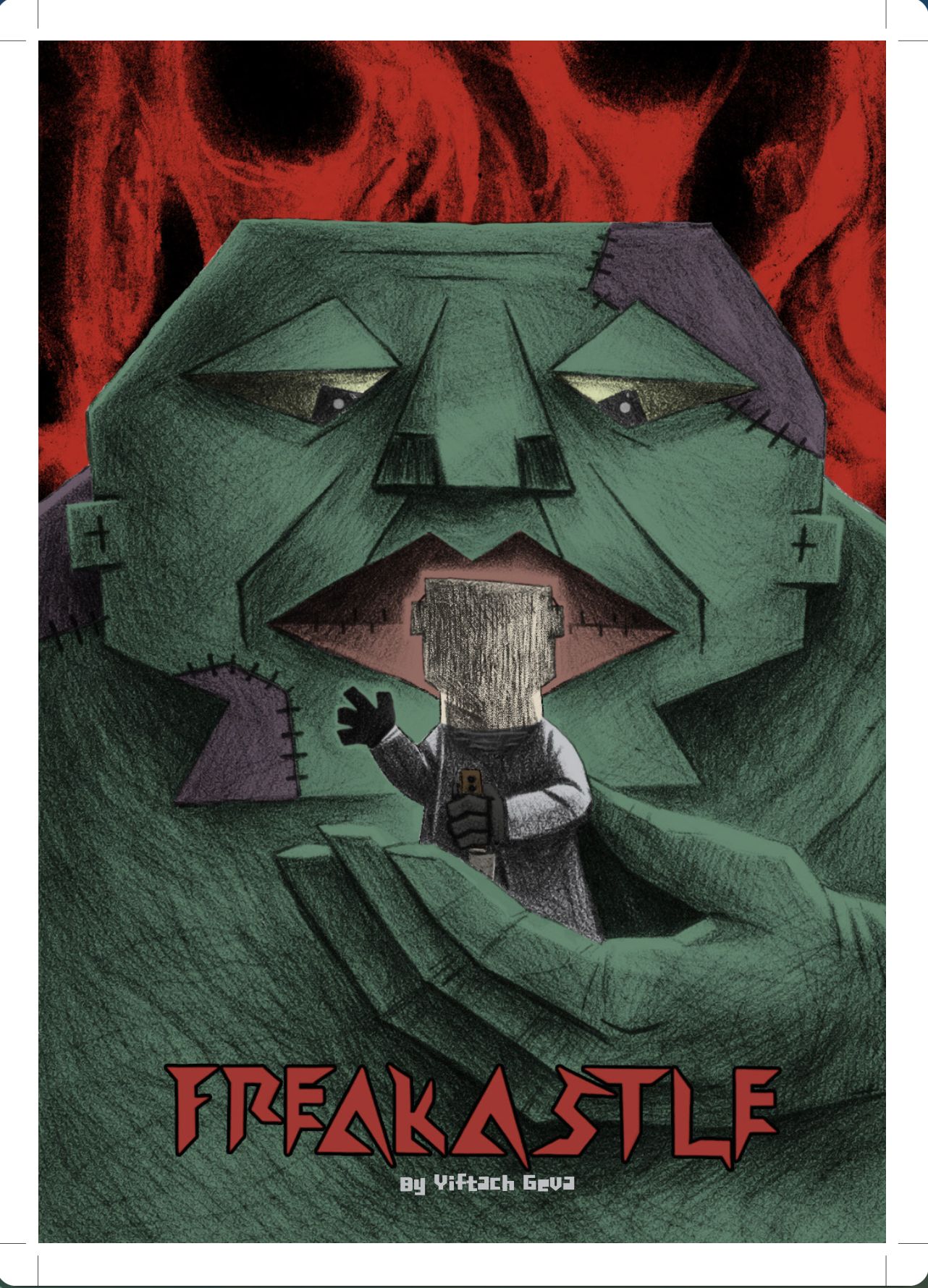 Cover of the comic Freakastle, showing a large green creature holding a scientist