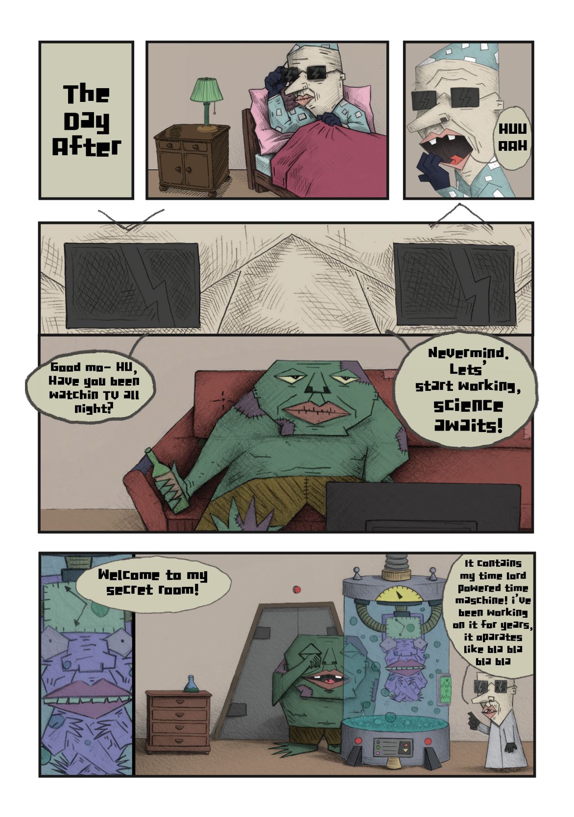 Freakastle comic page: the scientist and his creature the day after