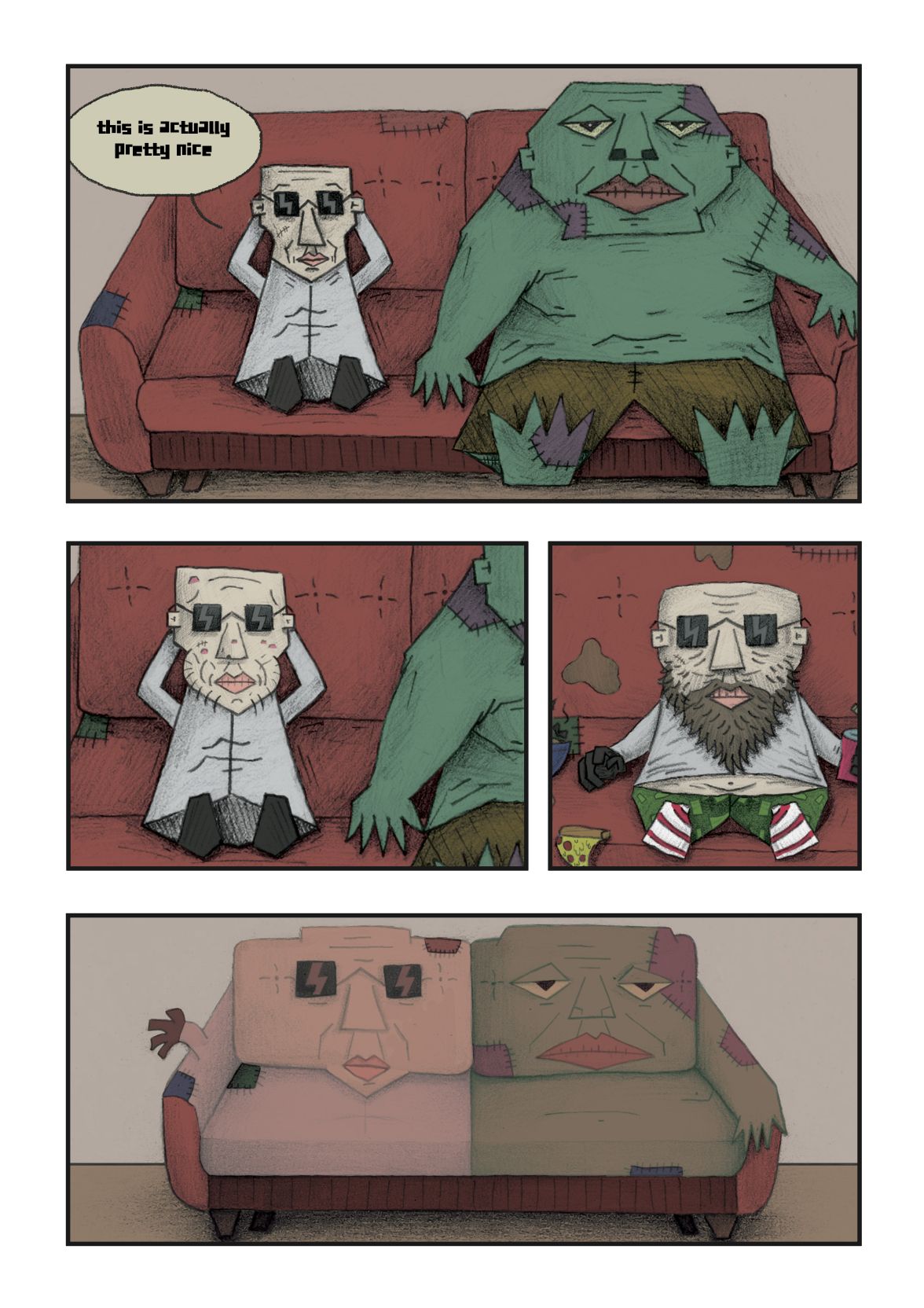 Freakastle comic page: the scientist and creature relaxing on a couch