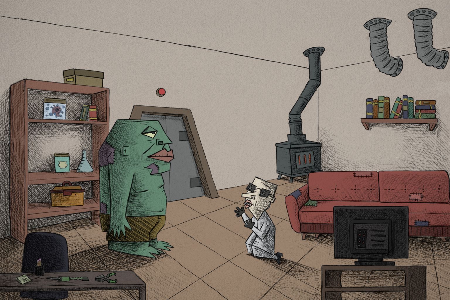 Freakastle illustration of the scientist's secret laboratory room