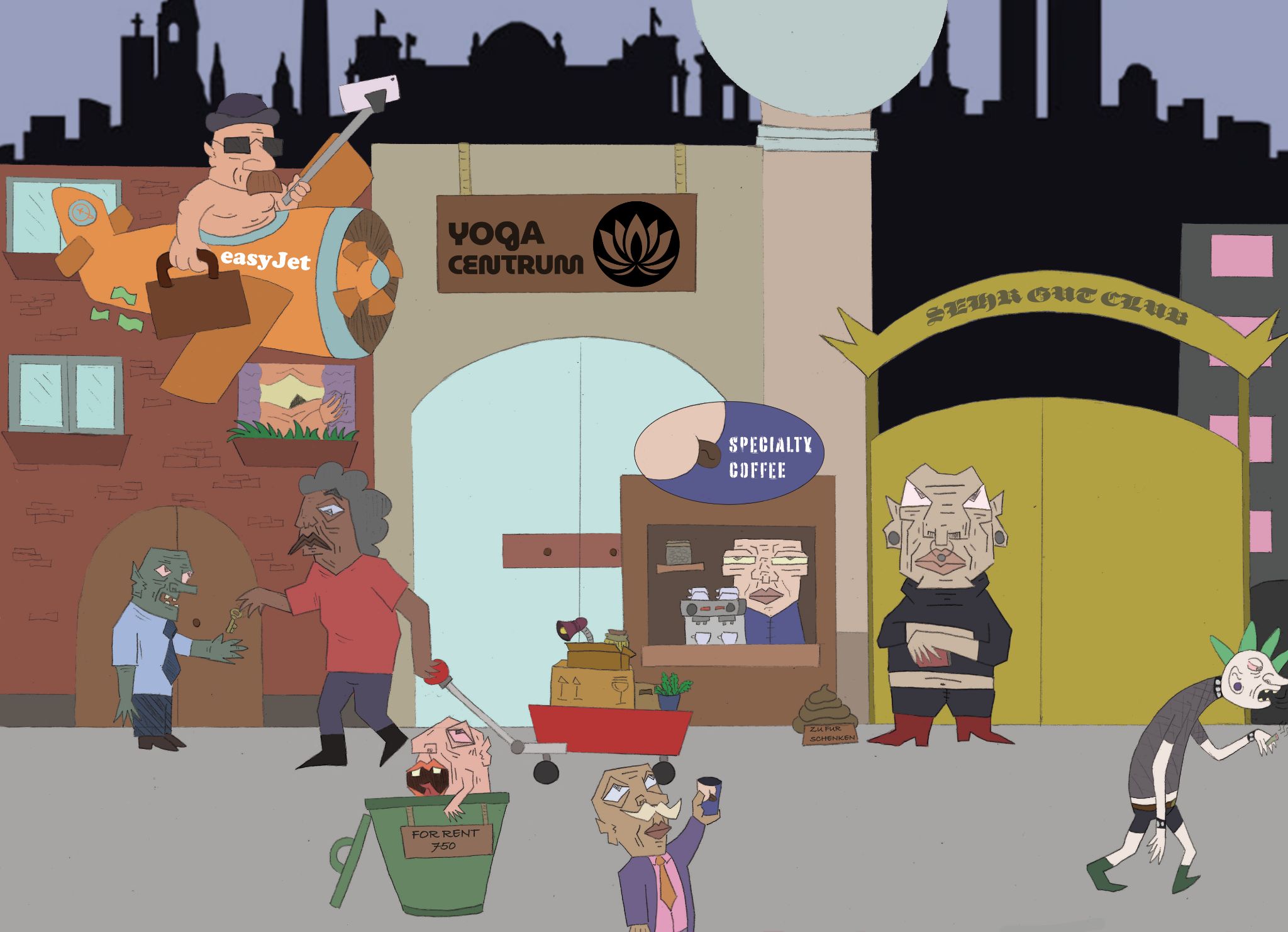 Illustration satirizing Berlin gentrification, with a zombie, a coffee shop, and a Yoga Centrum