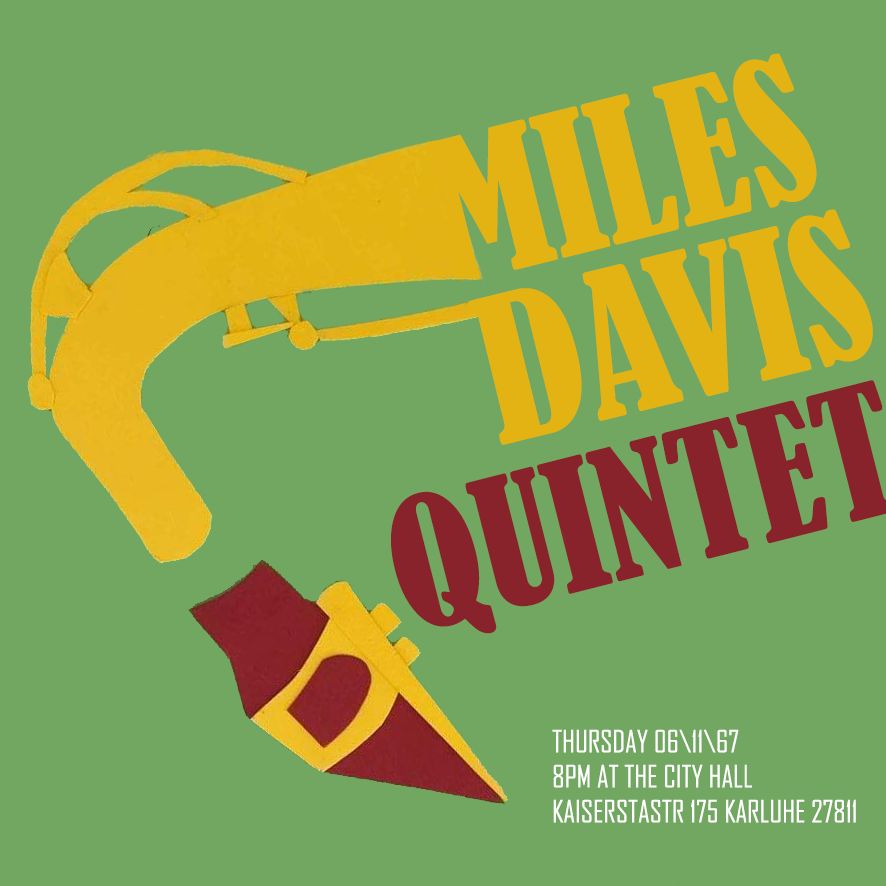 Miles Davis Quintet poster, version one, cut-out paper style with a trumpet