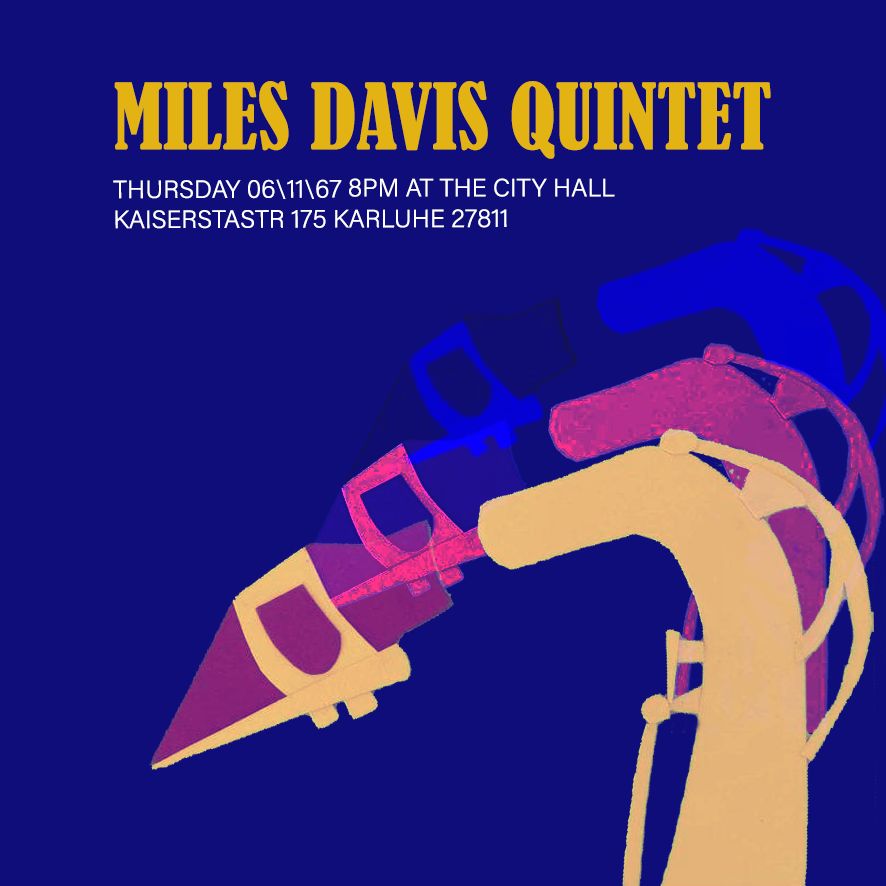 Miles Davis Quintet poster, version two, cut-out paper style with a trumpet on blue background