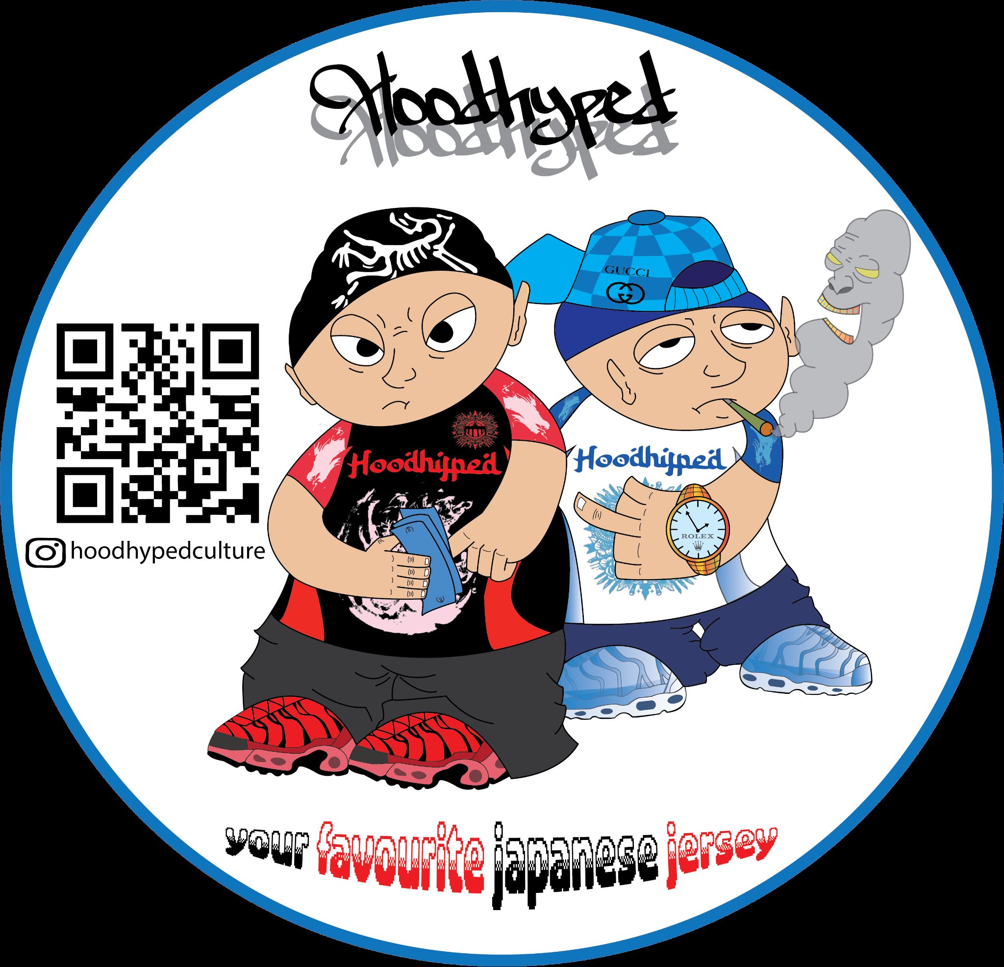 Circular commercial sticker design for the clothing brand Hoodhyped, featuring two cartoon characters